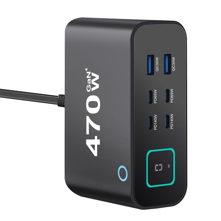YMX-615-LCD470W 4 個 Type-C 及 2 個 USB 470W GaN 多功能充電器，澳規插頭、歐規插頭、英規插頭、美規插頭