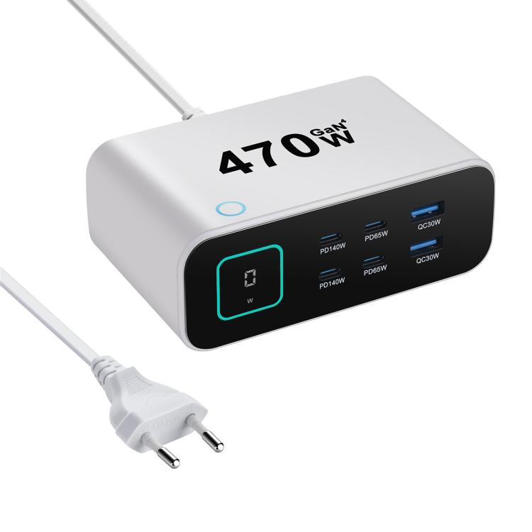YMX-615-LCD470W 4 個 Type-C 及 2 個 USB 470W GaN 多功能充電器，澳規插頭、歐規插頭、英規插頭、美規插頭