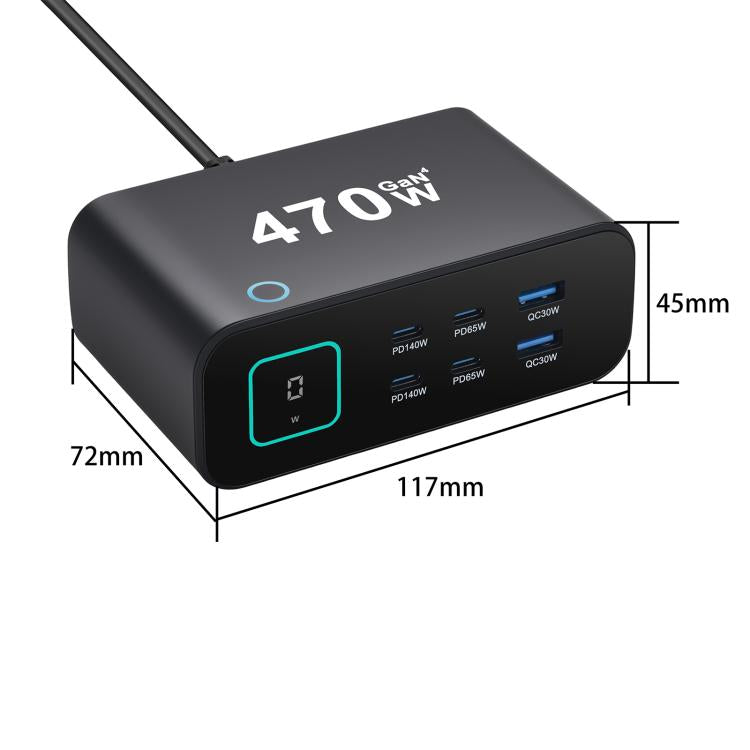 YMX-615-LCD470W 4 個 Type-C 及 2 個 USB 470W GaN 多功能充電器，澳規插頭、歐規插頭、英規插頭、美規插頭