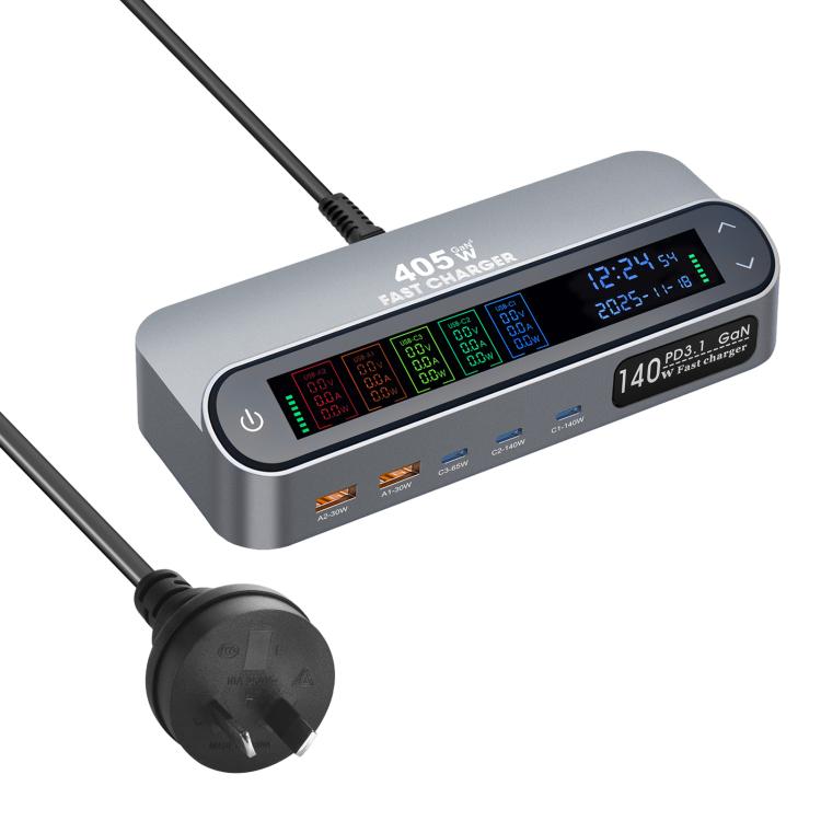 YMX-LCD405W 405W 3 個 Type-C 及 2 個 USB GaN 智能數位顯示多功能充電器，澳規插頭、歐規插頭、英規插頭、美規插頭