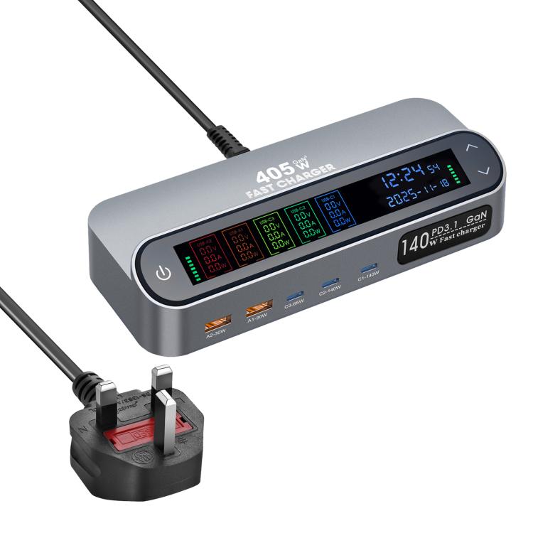 YMX-LCD405W 405W 3 個 Type-C 及 2 個 USB GaN 智能數位顯示多功能充電器，澳規插頭、歐規插頭、英規插頭、美規插頭