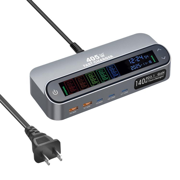 YMX-LCD405W 405W 3 個 Type-C 及 2 個 USB GaN 智能數位顯示多功能充電器，澳規插頭、歐規插頭、英規插頭、美規插頭
