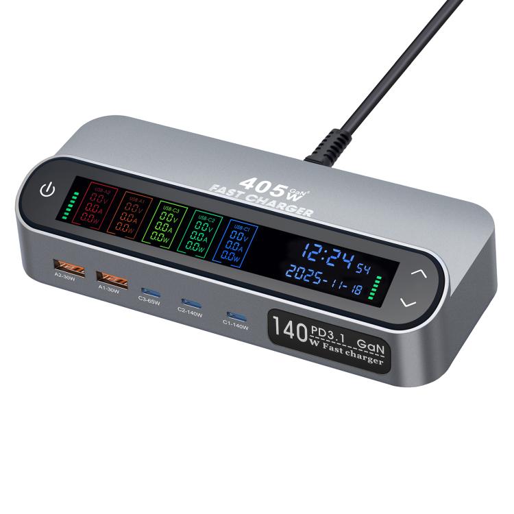 YMX-LCD405W 405W 3 個 Type-C 及 2 個 USB GaN 智能數位顯示多功能充電器，澳規插頭、歐規插頭、英規插頭、美規插頭