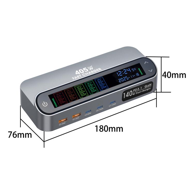 YMX-LCD405W 405W 3 個 Type-C 及 2 個 USB GaN 智能數位顯示多功能充電器，澳規插頭、歐規插頭、英規插頭、美規插頭