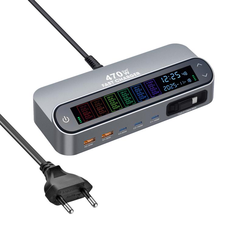 YMX-LCD470W 470W 3 個 Type-C 及 2 個 USB GaN 智能數位顯示多功能充電器，附 Type-C 可伸縮線，澳規插頭、歐規插頭、英規插頭、美規插頭