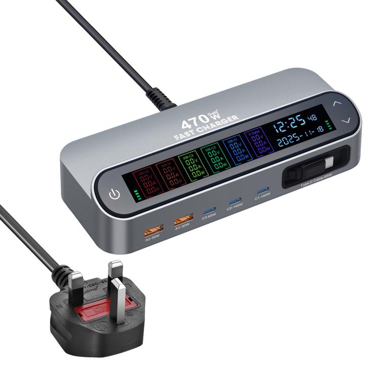 YMX-LCD470W 470W 3 個 Type-C 及 2 個 USB GaN 智能數位顯示多功能充電器，附 Type-C 可伸縮線，澳規插頭、歐規插頭、英規插頭、美規插頭