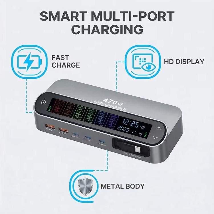 YMX-LCD470W 470W 3 個 Type-C 及 2 個 USB GaN 智能數位顯示多功能充電器，附 Type-C 可伸縮線，澳規插頭、歐規插頭、英規插頭、美規插頭