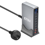 YMX-LCD670W 670W 6 個 Type-C 及 2 個 USB GaN 數位顯示多功能充電器，澳規插頭、歐規插頭、英規插頭、美規插頭