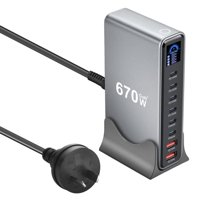 YMX-LCD670W 670W 6 個 Type-C 及 2 個 USB GaN 數位顯示多功能充電器，澳規插頭、歐規插頭、英規插頭、美規插頭
