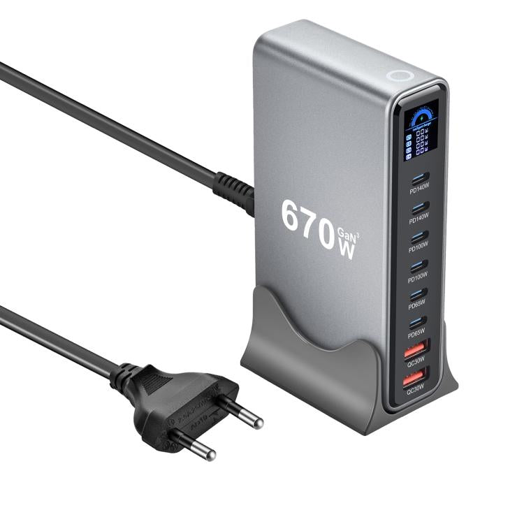 YMX-LCD670W 670W 6 個 Type-C 及 2 個 USB GaN 數位顯示多功能充電器，澳規插頭、歐規插頭、英規插頭、美規插頭