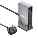 YMX-LCD670W 670W 6 個 Type-C 及 2 個 USB GaN 數位顯示多功能充電器，澳規插頭、歐規插頭、英規插頭、美規插頭
