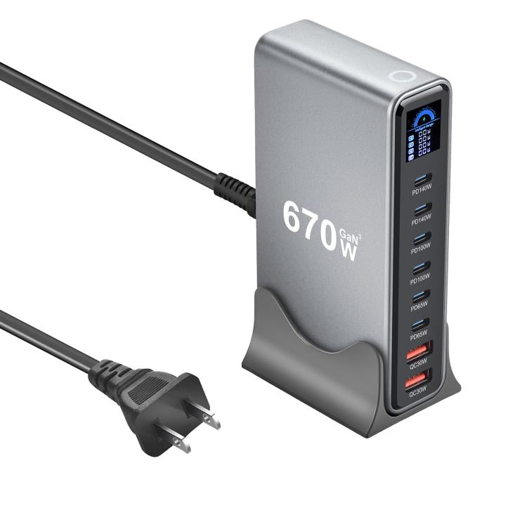 YMX-LCD670W 670W 6 個 Type-C 及 2 個 USB GaN 數位顯示多功能充電器，澳規插頭、歐規插頭、英規插頭、美規插頭