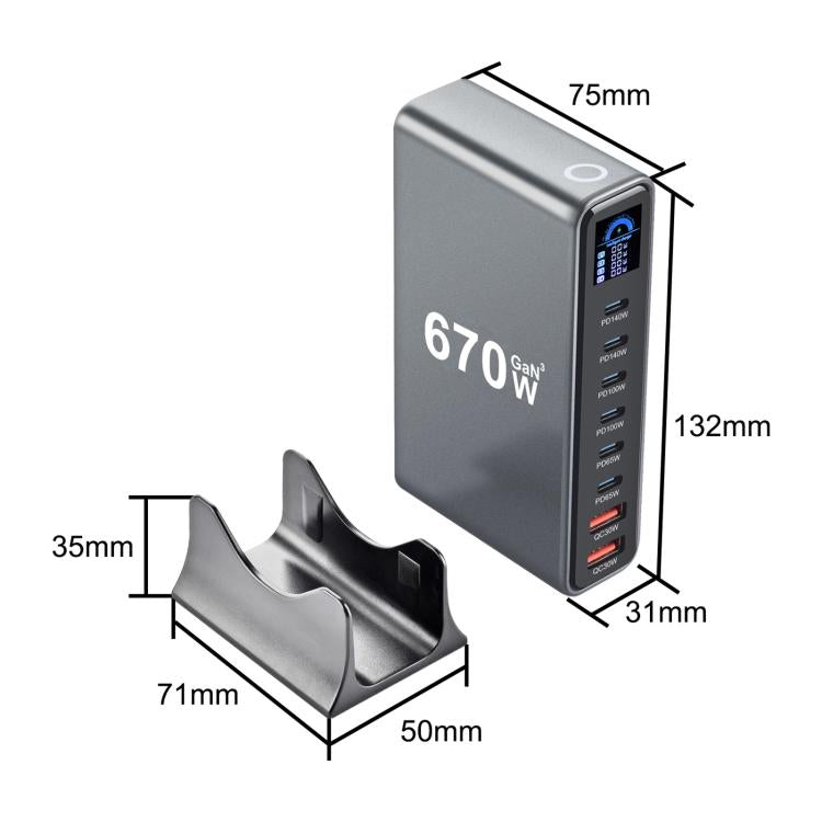 YMX-LCD670W 670W 6 個 Type-C 及 2 個 USB GaN 數位顯示多功能充電器，澳規插頭、歐規插頭、英規插頭、美規插頭