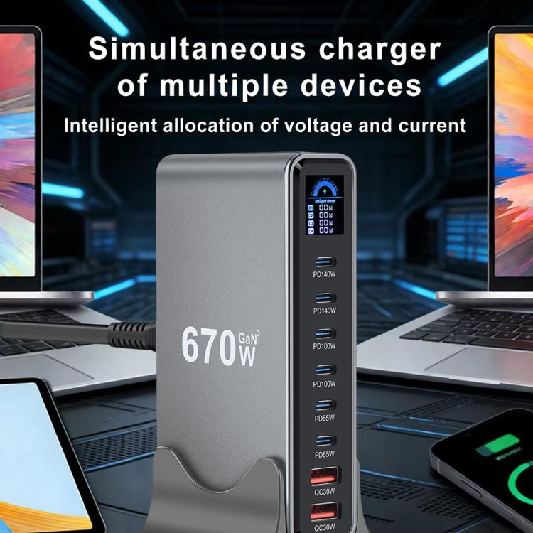 YMX-LCD670W 670W 6 個 Type-C 及 2 個 USB GaN 數位顯示多功能充電器，澳規插頭、歐規插頭、英規插頭、美規插頭