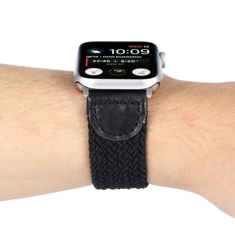 尼龍 + 皮革編織錶帶，適用於 Apple Watch Series 6 & SE & 5 & 4 44mm / 3 & 2 & 1 42mm，S, M, L