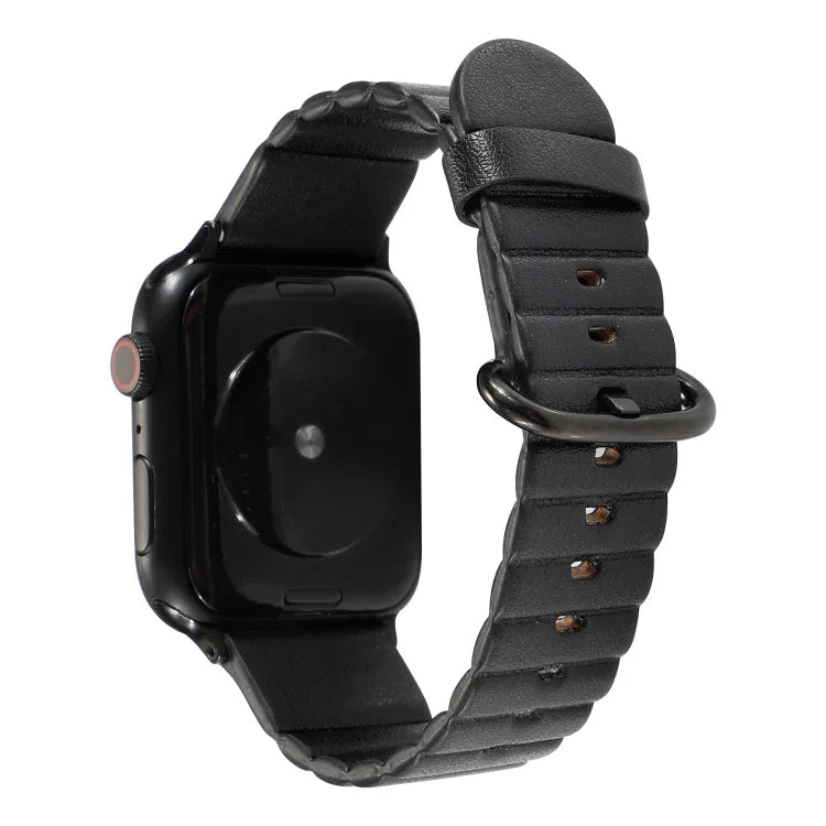 Apple Watch replacement strap in black leather with iron buckle, compatible with various Apple Watch models.