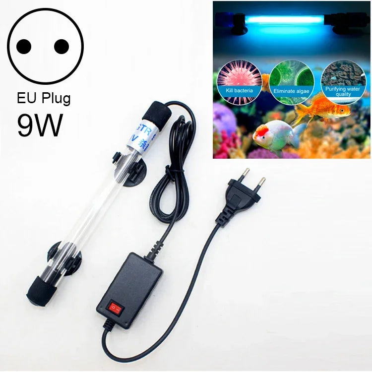 220V 9W 紫外線藻類消毒魚缸燈，歐規插頭，9W 歐規插頭