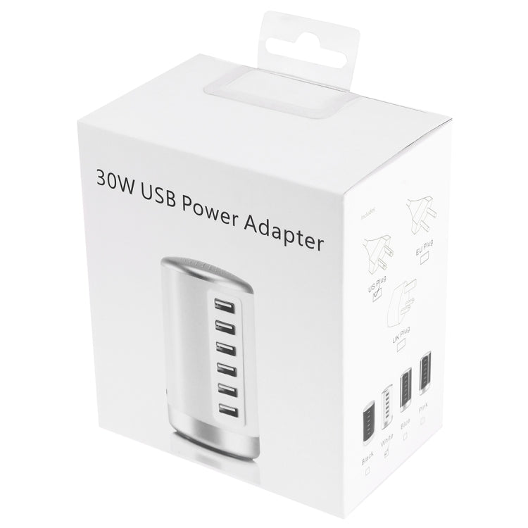 XLD4 30W 6 埠 USB 充電站電源適配器 AC100-240V，美規插頭