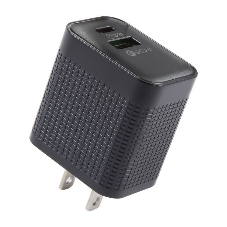 PD 20W USB-C/Type-C + QC 3.0 USB埠格紋旅行充電器，美國插頭，美國插頭（黑色）