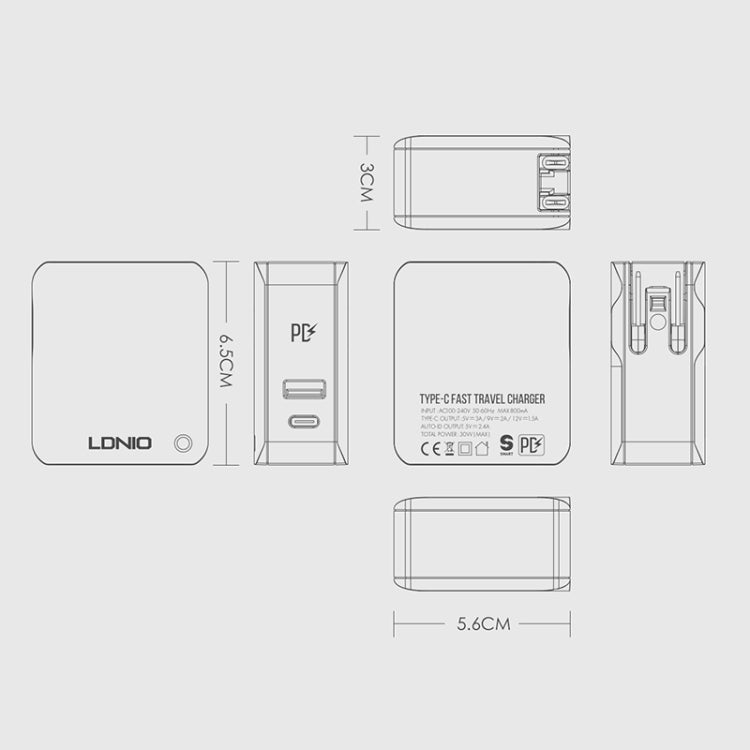 LDNIO A4403C 30W PD + 自動識別可摺疊快速旅行充電器，附 1m Micro USB 線，歐洲插頭，附 Micro USB 線