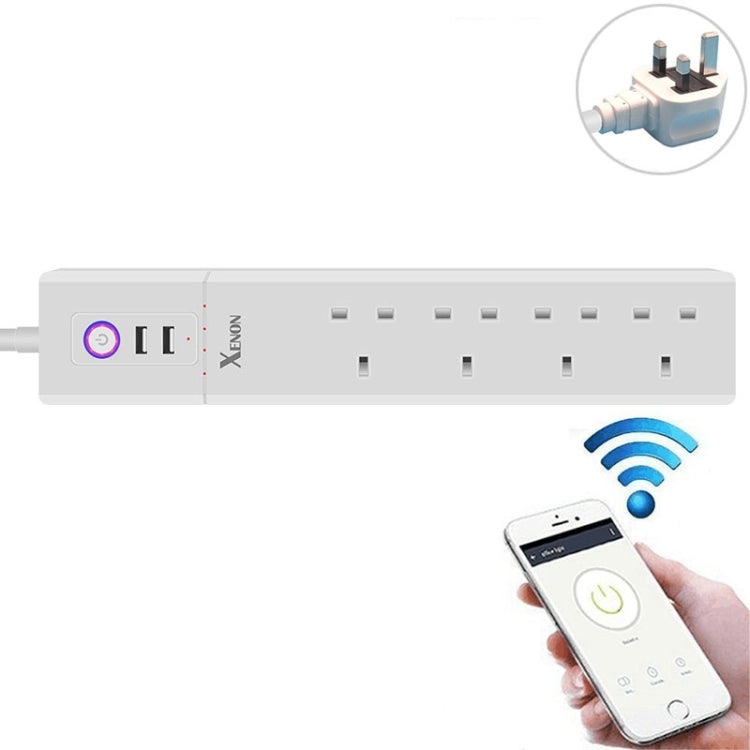 2 個 USB 埠 + 4 個英國插頭插座 WiFi 遠端控制智能電源插座，支援 Alexa 與 Google Home，線長：1.8m，AC 90-265V，英國插頭，4xUSB + 3x英國插頭（英國插頭）