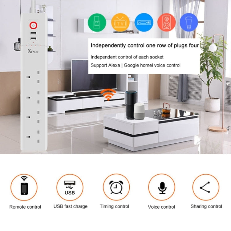 2 個 USB 埠 + 4 個英國插頭插座 WiFi 遠端控制智能電源插座，支援 Alexa 與 Google Home，線長：1.8m，AC 90-265V，英國插頭，4xUSB + 3x英國插頭（英國插頭）