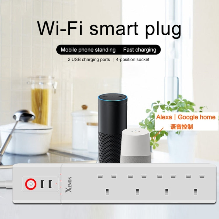 2 個 USB 埠 + 4 個英國插頭插座 WiFi 遠端控制智能電源插座，支援 Alexa 與 Google Home，線長：1.8m，AC 90-265V，英國插頭，4xUSB + 3x英國插頭（英國插頭）