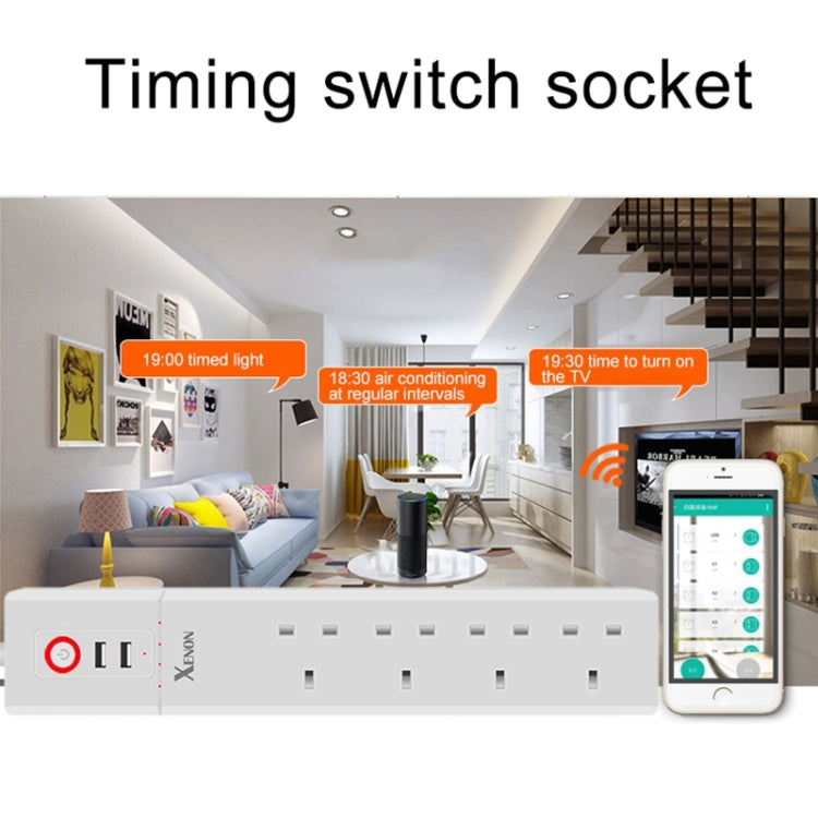 2 個 USB 埠 + 4 個英國插頭插座 WiFi 遠端控制智能電源插座，支援 Alexa 與 Google Home，線長：1.8m，AC 90-265V，英國插頭，4xUSB + 3x英國插頭（英國插頭）