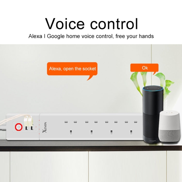 2 個 USB 埠 + 4 個英國插頭插座 WiFi 遠端控制智能電源插座，支援 Alexa 與 Google Home，線長：1.8m，AC 90-265V，英國插頭，4xUSB + 3x英國插頭（英國插頭）