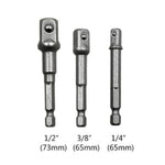 3件套套筒批頭延長桿六角柄轉接頭電鑽螺母起子電鑽批頭(1/4, 3/8, 1/2英吋), 長度:65-73mm, 3件套長度:65-73mm