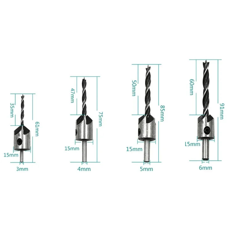4合1木工倒角三點高速鋼鑽頭套裝，3-6mm，4件套