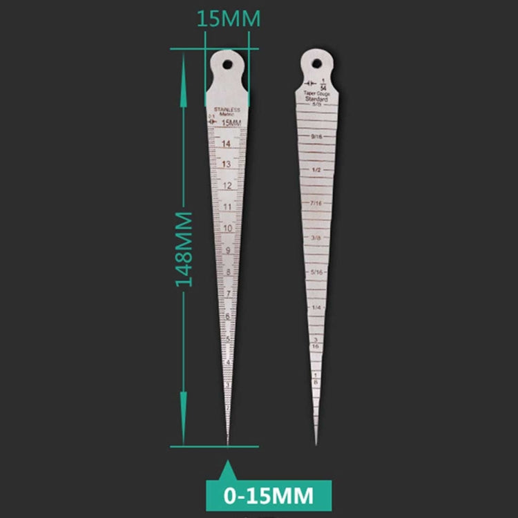 楔形塞尺間隙1-15mm薄型不鏽鋼尺檢測錐形規公制英制測量工具，1-15mm薄型公制英制