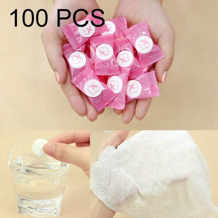 100片糖果風格便攜式一次性旅行棉毛巾，尺寸：22*20cm，100片