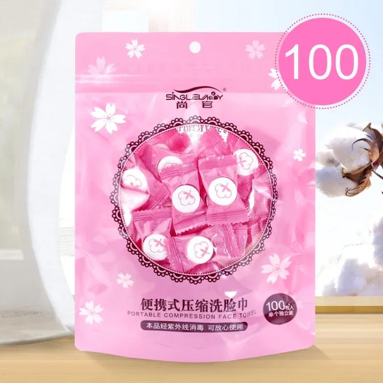 100片糖果風格便攜式一次性旅行棉毛巾，尺寸：22*20cm，100片
