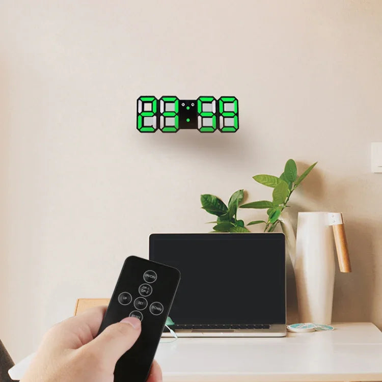 現代3D LED聲控彩色數字鬧鐘可調亮度電子牆面發光掛鐘帶遙控，9001黑色，9001白色