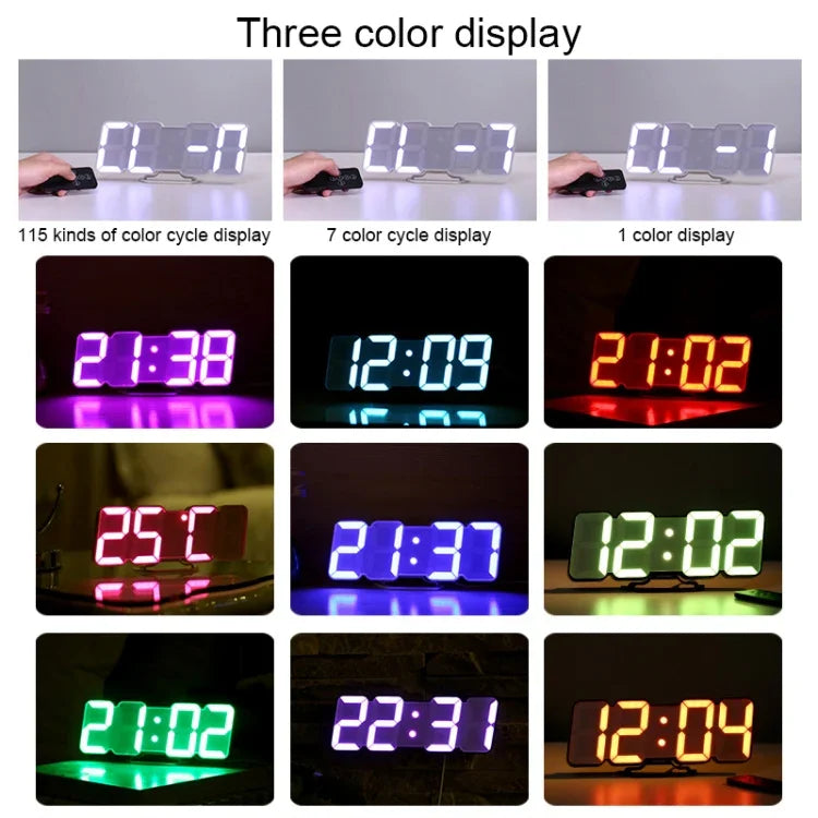 現代3D LED聲控彩色數字鬧鐘可調亮度電子牆面發光掛鐘帶遙控，9001黑色，9001白色