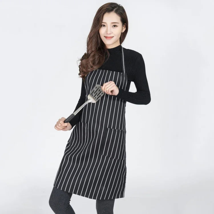 黑白條紋男女通用廚師服務員咖啡師圍裙工作圍裙，黑白條紋圍裙