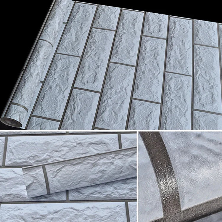 銀灰磚創意3D石磚裝飾牆紙貼臥室客廳牆面防水牆紙卷，尺寸：45 x 1000cm，3D銀灰磚