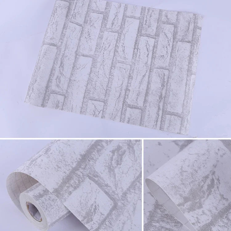 白磚創意3D石磚裝飾牆紙貼臥室客廳牆面防水牆紙卷，尺寸：45 x 1000cm，白磚