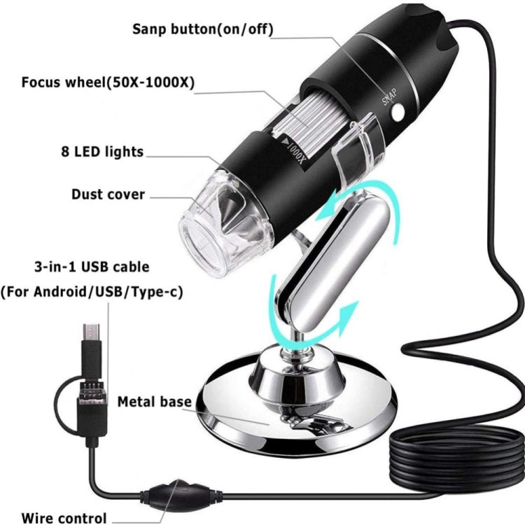 1600X 放大鏡高清影像感測器 3合1 USB 數位顯微鏡，配8顆LED及專業支架