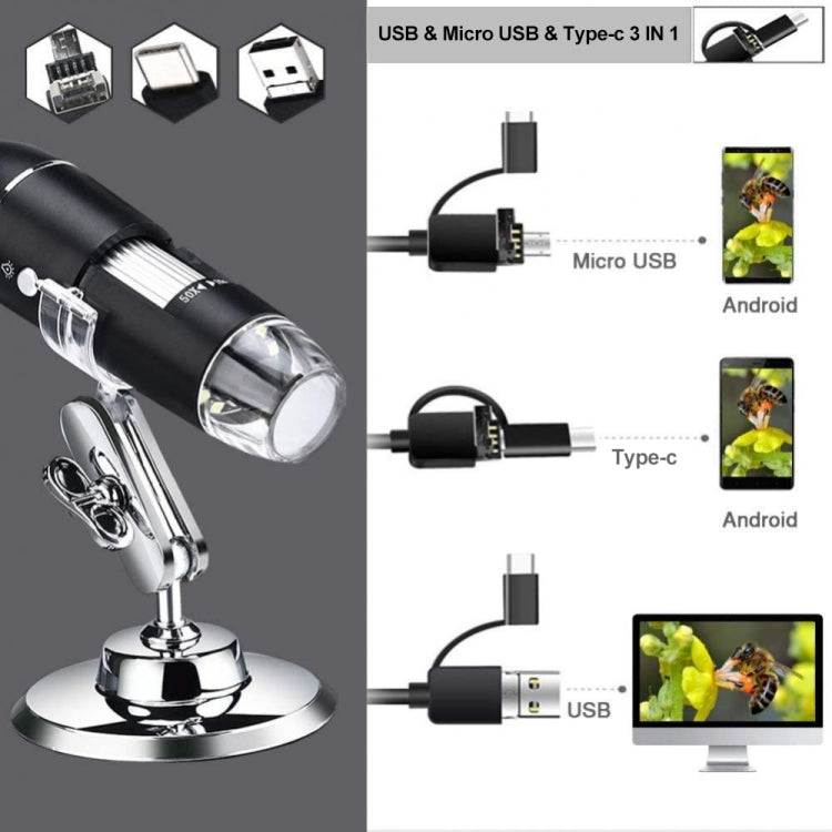 1600X 放大鏡高清影像感測器 3合1 USB 數位顯微鏡，配8顆LED及專業支架