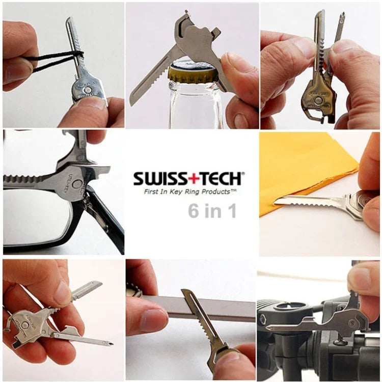 SWISS+TECH 不鏽鋼 6合1 多功能戶外鑰匙圈，可折疊迷你工具鑰匙圈