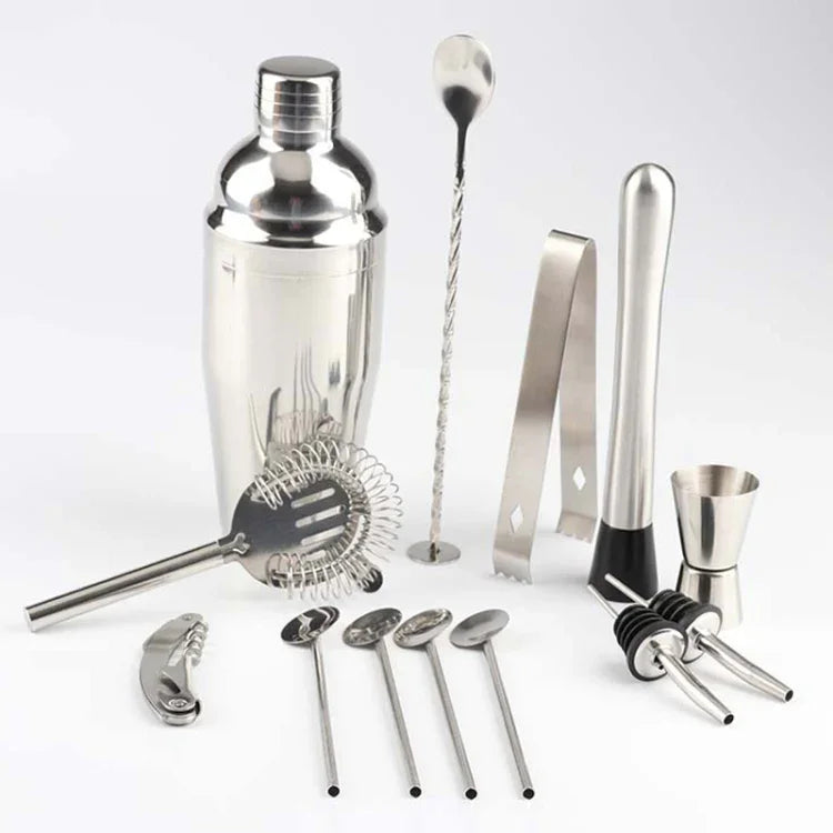 14合1不鏽鋼雞尾酒搖酒器工具套裝帶竹架，容量：750ml，750ml，竹製