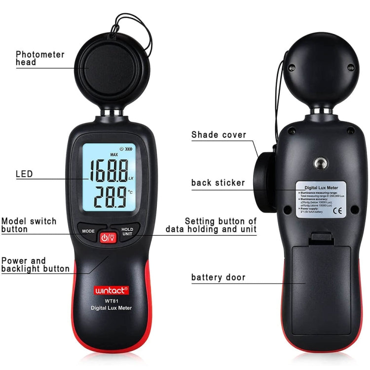 Wintact WT81數字光照度計，適用工廠/學校/家庭多種場合，量程：0-200,000 Lux