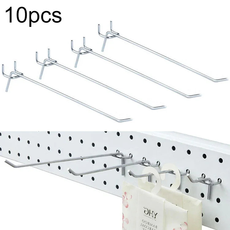 10個超市服裝店掛板掛鉤架孔板，孔距：2.5cm，長度：20cm，線徑：3.3mm，長度：20cm