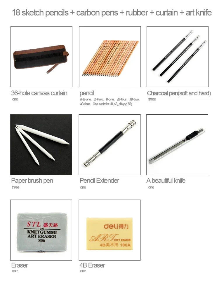 初學者素描工具（18件素描鉛筆+炭筆+橡皮擦+筆簾+美工刀）素描套裝