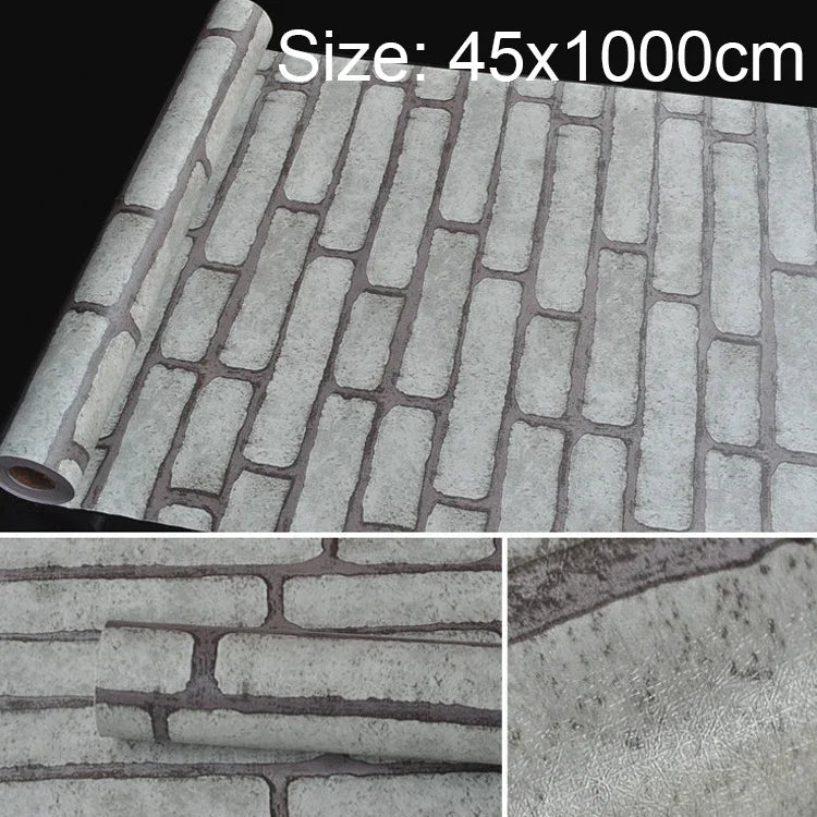 灰磚創意3D石磚裝飾壁紙貼紙臥室客廳牆面防水壁紙卷，尺寸：45 x 1000cm，灰磚