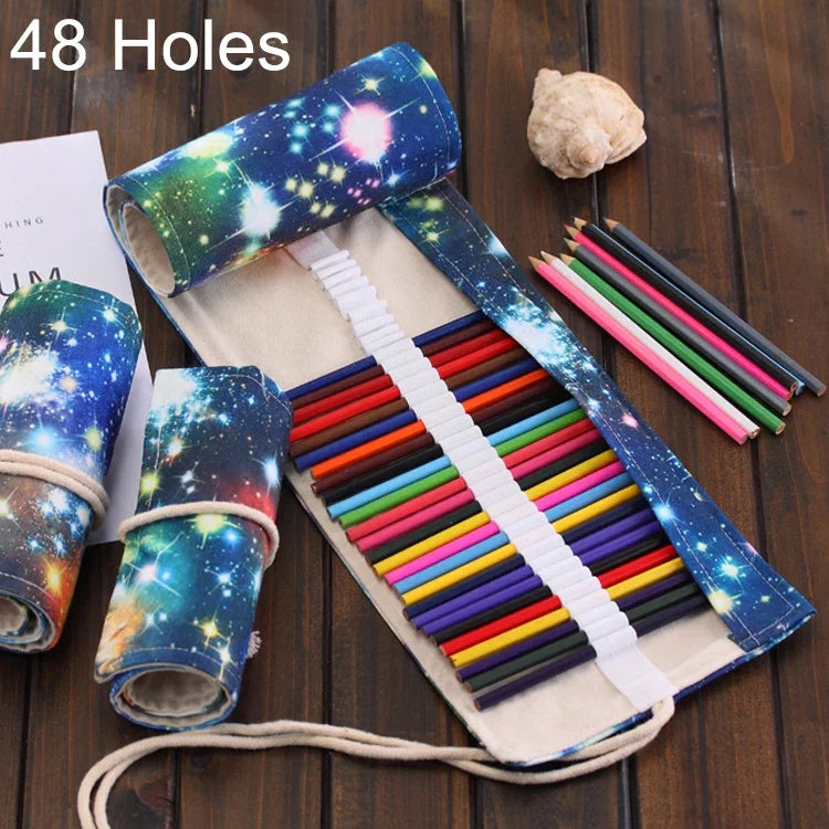 48格宇宙銀河印花筆袋帆布鉛筆捲簾式筆袋文具袋，48格