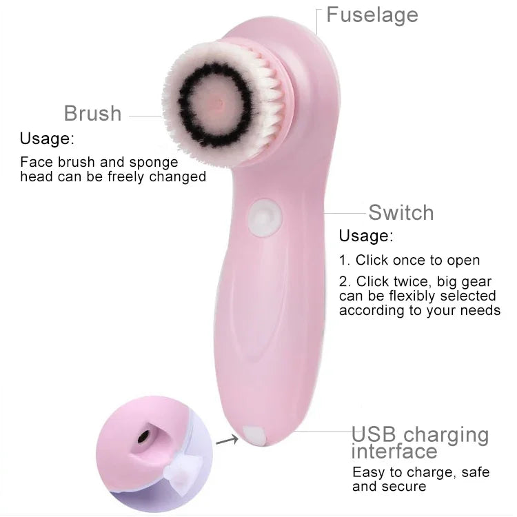 1.2W USB充電電子清潔臉部美容儀器毛孔鼻子黑頭面部清潔刷，6合1