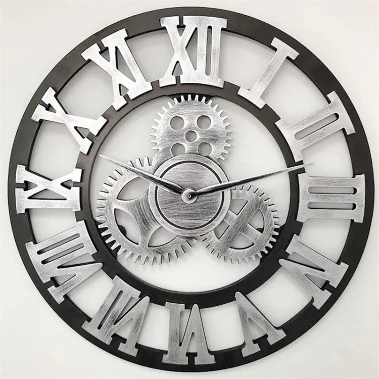 復古木質圓形單面齒輪鐘 羅馬數字牆鐘，直徑：30公分，羅馬數字30公分